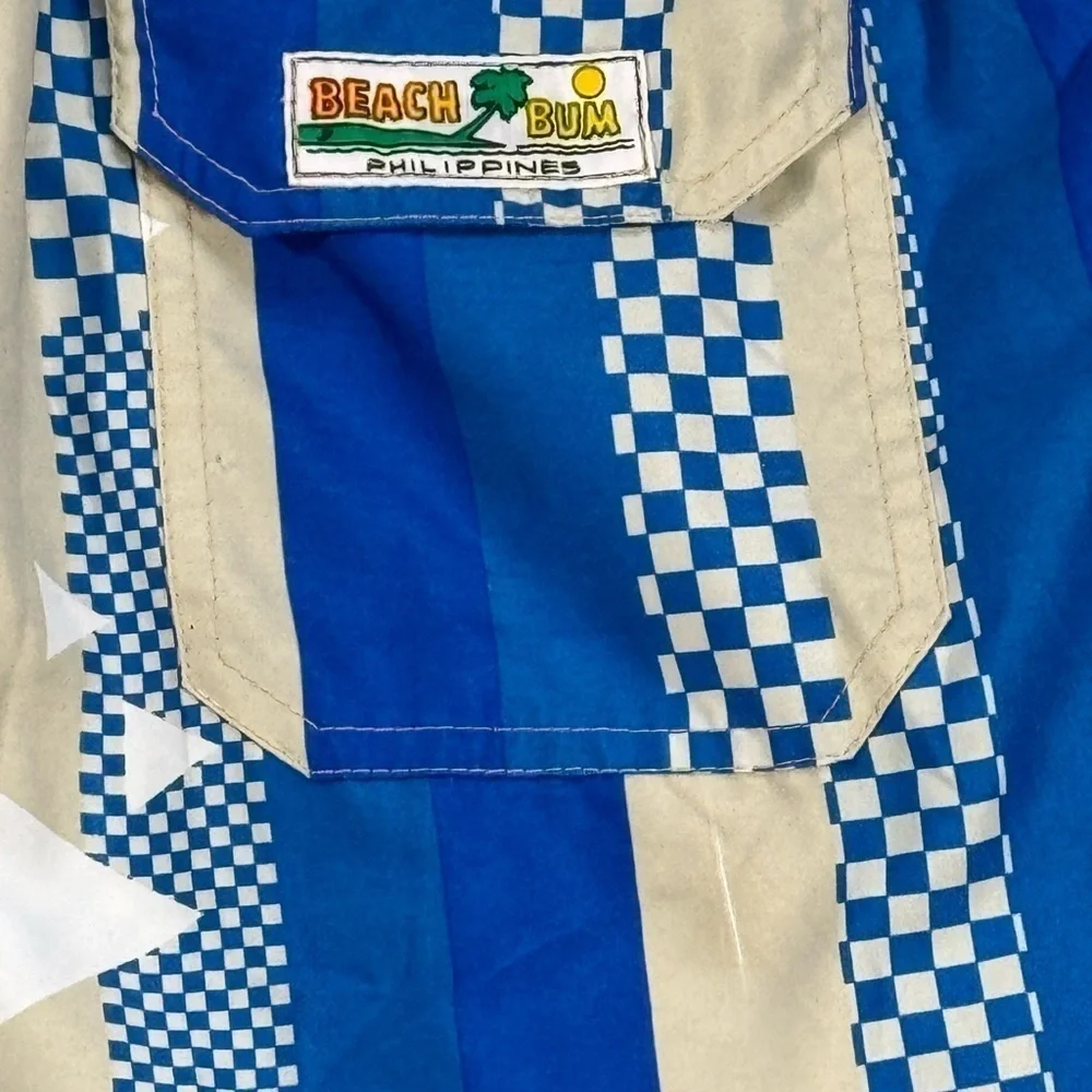 Blue and White Geometric Striped Board Shorts / Swim Trunks